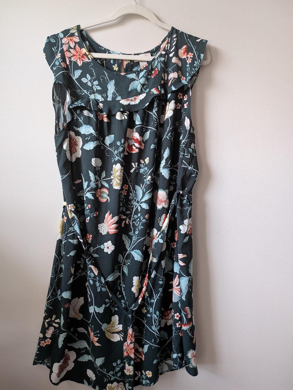 LOFT Dark Green Floral Ruffle-Neck Sleeveless Midi Dress